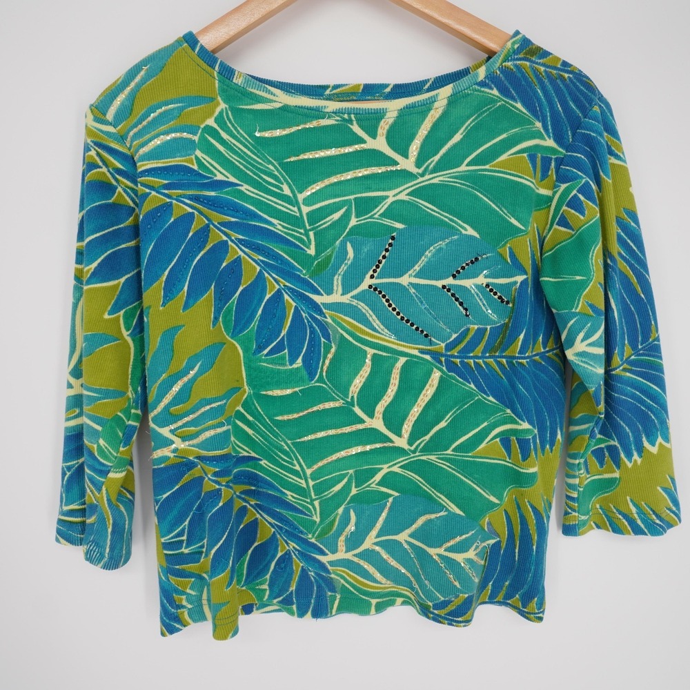 Vintage Faith T Shirt Womens M Green Y2K Indie Boho Tropical Print Ribbed Cotton